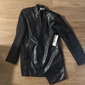Calvin Klein Mixed Media Black Faux Leather Open Front Blazer Jacket Size 6 NWT